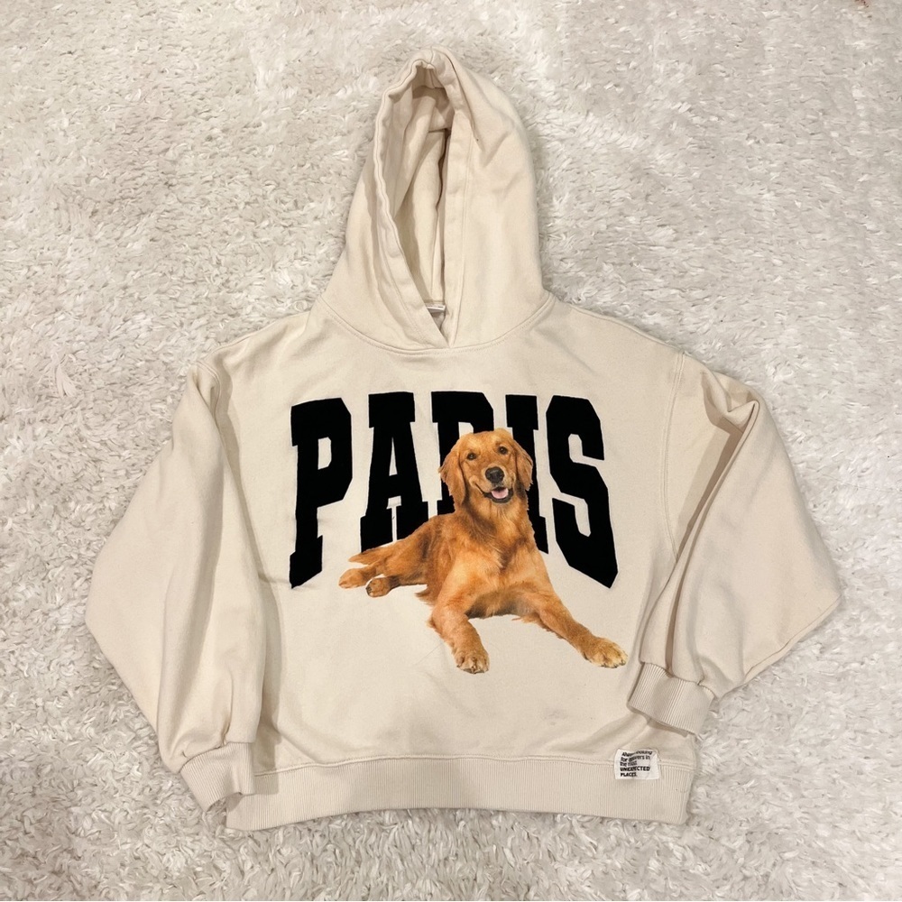 Zara Cream Hoodie with Black PARIS and Golden Retriever Graphic